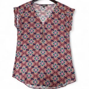 Express Womens Floral Mandala Zip Front V-Neck Blouse Size Small Boho Purple Top